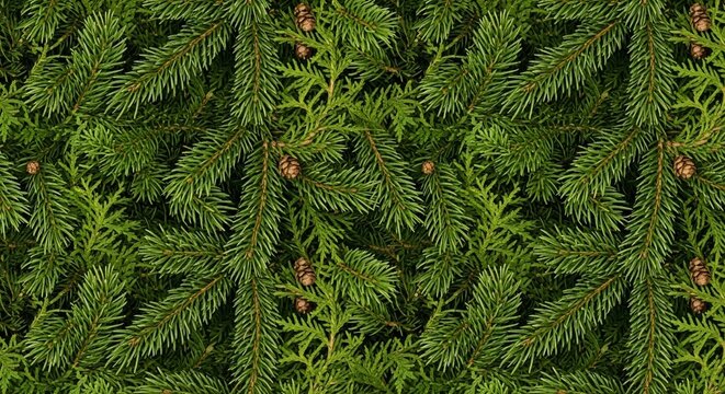A dense and vibrant seamless pattern featuring various types of evergreen foliage, creating a lush and natural texture.