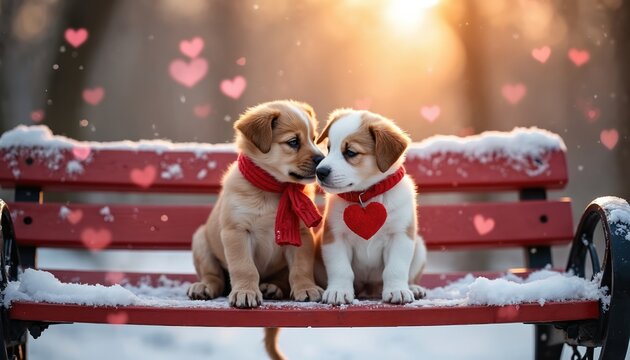 Two cute puppies sit on red bench in winter park with snow. Dogs wear red scarf and heart. Romantic valentine theme with animals showing friendship and love in nature.