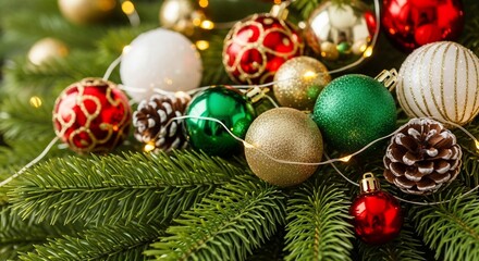 A close-up shot of a Christmas tree adorned with ornaments, pinecones, and fairy lights.