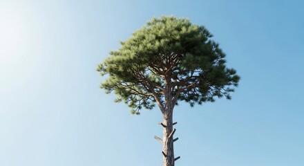 A tall, green pine tree stands majestically against a clear blue sky on a bright sunny day.