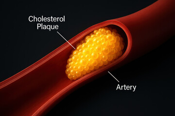 Worrying cholesterol plaque forming lipid blockage inside blood vessel. Artery blockage from cardiovascular disease serious health risk affecting circulation and well being