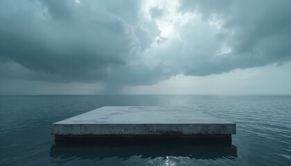 Concrete platform floats on calm water under cloudy sky. Minimalist architecture structure serves as docking station or artificial island. Quiet seascape background.