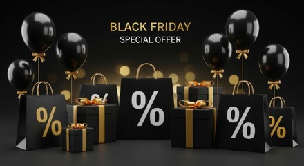 Black Friday Special Offer Balloons and Shopping Bags With Percentage Signs