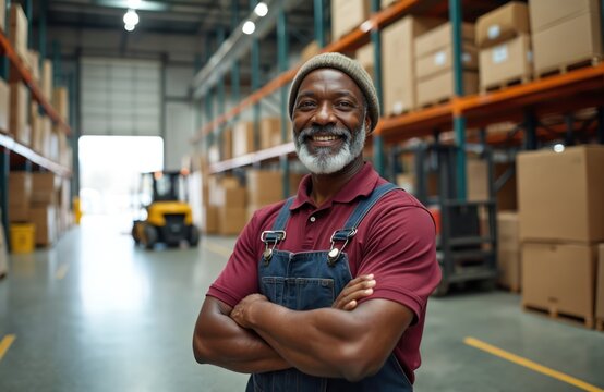 Smiling senior african american man poses with crossed arms in a warehouse. He wears overalls and a beanie. Boxes are stacked high on shelves. Forklift operates in background.
