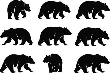 Black Bear Animal Silhouettes Set in Walking and Standing Poses for Wildlife, Nature, and Mascot Design Vector.