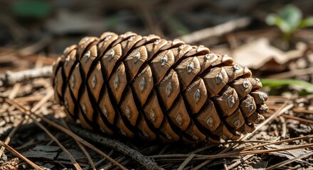 Close-up of a pine cone on the ground with needles and leaves.