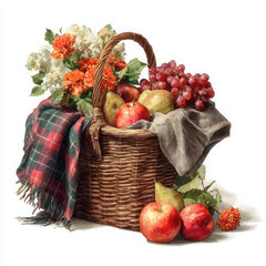 Wicker basket with fresh fruit and flowers in cozy setting