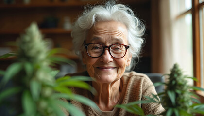 Elderly woman smiles wearing glasses near cannabis plants. She looks happy and content, implying relief from ailments using natural medicine. Aged person benefits from alternative therapy for pain.