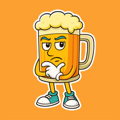 Thoughtful beer cartoon mascot stands puzzled