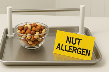 Cautionary nut allergen warning sign sits beside glass bowl of mixed nuts on tray. food safety station isolated for prevention of dangerous cross contamination