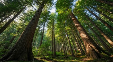 Looking up at towering redwood trees in a sun-dappled forest, showcasing their immense height and natural beauty.