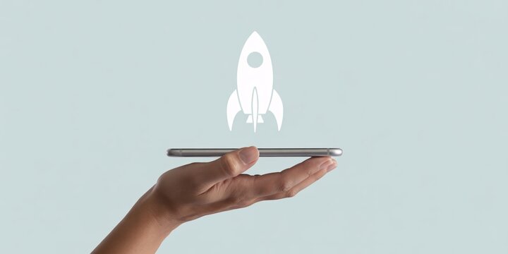 Mobile startup app development launch rocket hand phone technology innovation digital growth success - Powered by Adobe