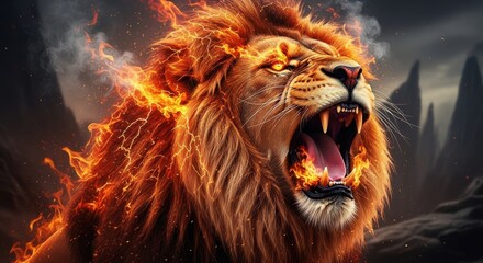 Majestic Lion Roaring With Fiery Mane and Intense Expression