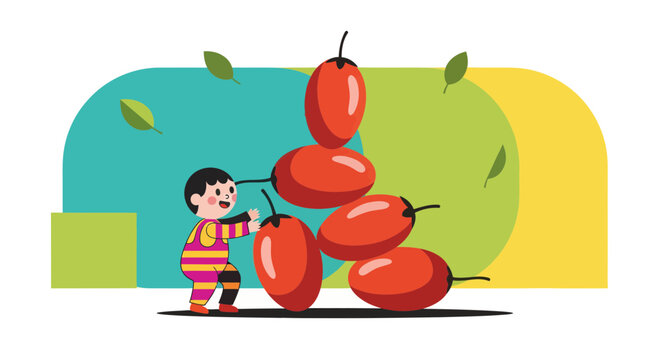 Illustration Of A Cheerful Child Balancing Berries With Delightful Artistic Elements
