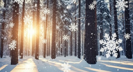Golden Sunbeams Through Snowy Pine Forest Winter Wonderland
