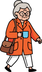 Elderly woman enjoying hot beverage while walking