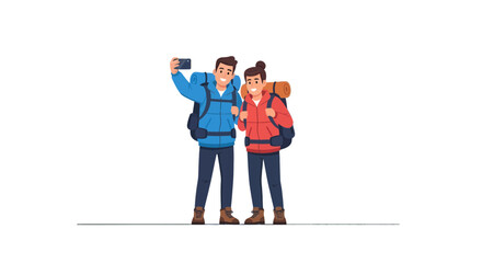 Illustration Of A Happy Couple Taking A Selfie While Hiking Together In The Outdoors