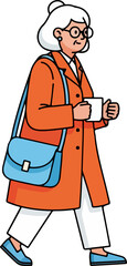 Stylized elderly woman walks with coffee cup