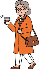 Stylish woman walks with coffee and shoulder bag.