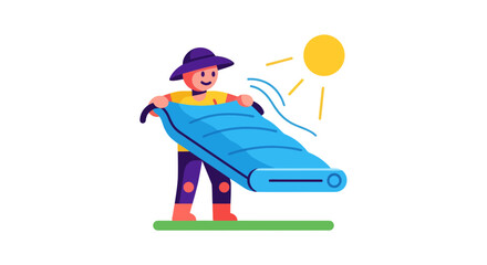 Illustration Of A Man Unrolling A Sleeping Bag Under The Sun At Daytime