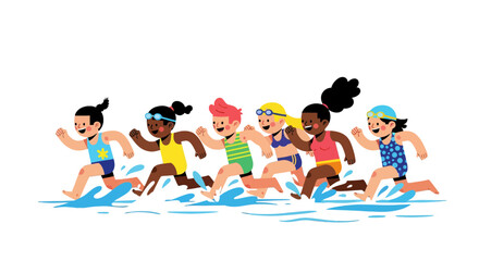 Illustration Of Running Swimmers In Water Against Black Background For Dynamic Appeal