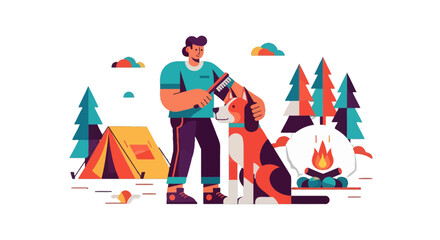Illustration Of A Person Grooming A Dog At A Campsite Under A Night Sky