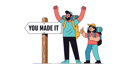 Illustration Of Two Happy Hikers Achieving Their Destination With The Sign You Made It