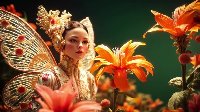 A mysterious little elf and bright exotic flowers. A magical fairy with shimmering wings, beauty, girl, woman, fantasy, fairytale dream