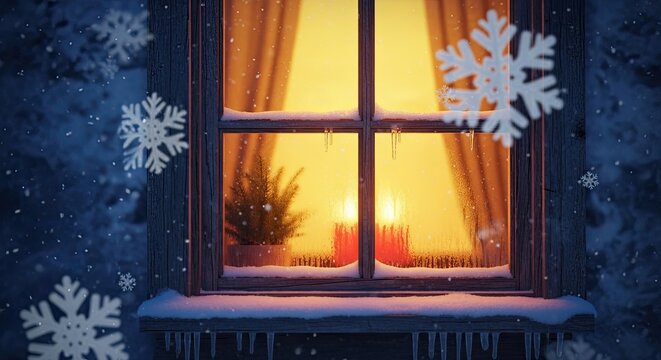 Cozy Christmas Window Scene with Snowflakes Falling - Powered by Adobe