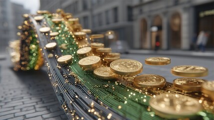 future  saint patrick's day Flowing coins with a blurred city background.