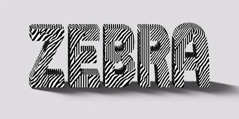 3D text spelling "ZEBRA" with zebra print on a white background, casting a shadow