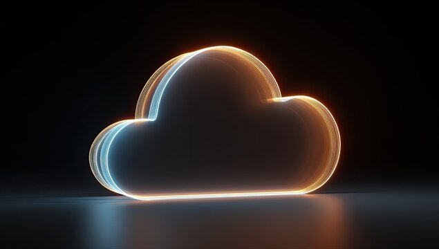 3D rendered cloud icon, illuminated by orange & blue glow against a dark background