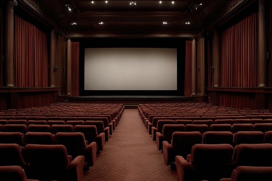Empty movie theater with red seats and large screen.