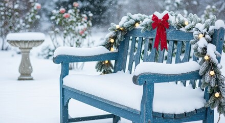 A Serene Snowy Garden Scene with a Decorated Bench
