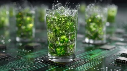 future saint patrick's day Glass of water with clovers on a circuit board background.