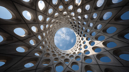 Geometric concrete structure with circular openings and birds flying through sky architecture