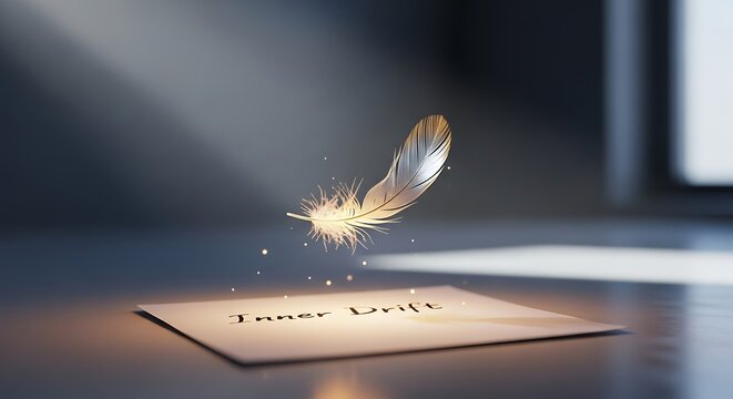 Elegant feather gently floats above handwritten "Inner Drift" on paper, illuminated by soft light and surrounded by magical particles, evoking peace, introspection, and creative flow.