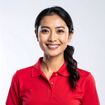 Portrait of a smiling Asian woman in a red polo shirt (1)