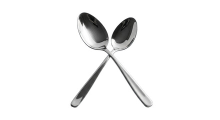 Two gleaming silver spoons crossed elegantly on a transparent background reflecting studio lighting with a clean and modern aesthetic