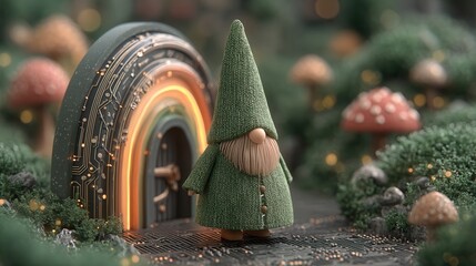 future  saint patrick's day Whimsical gnome near a colorful, circuit-patterned rainbow entrance.