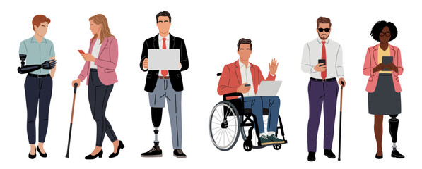 Fototapeta na wymiar Diverse business people with disabilities, including prosthetics, wheelchair users, and mobility aids, representing modern inclusive workplace and accessibility concepts. Vector illustration isolated 
