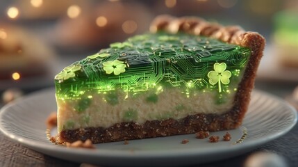 future saint patrick's day Delicious green dessert with a unique circuit design topping.