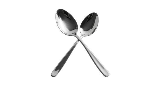 Two gleaming silver spoons crossed elegantly on a transparent background reflecting studio lighting with a clean and modern aesthetic