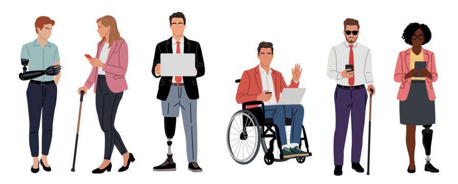 Diverse business people with disabilities, including prosthetics, wheelchair users, and mobility aids, representing modern inclusive workplace and accessibility concepts. Vector illustration isolated 