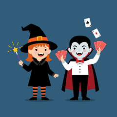 Halloween kids cartoon: Cute witch with magic wand and vampire performing card tricks