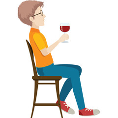 Pixelated Man Wearing Glasses Orange Shirt Blue Jeans Red Shoes Sitting on Chair Holding Wine Glass Transparent Background