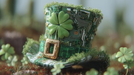 future saint patrick's day A digital hat adorned with clovers and circuit patterns.