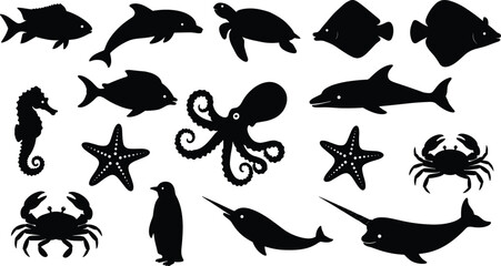 Marine animal silhouette collection featuring fish, dolphins, turtles, stingrays, octopus, seahorses, starfish, crabs, penguin and narwhal, perfect for ocean wildlife vector projects