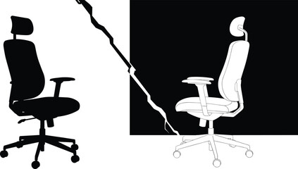 Office chair silhouette and detailed vector illustration showing ergonomic swivel seat with headrest, modern workplace furniture design, black and white comparison concept graphic