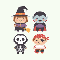 Cute Cartoon Halloween Characters Set: Witch, Vampire, Skeleton, Pirate Costumes